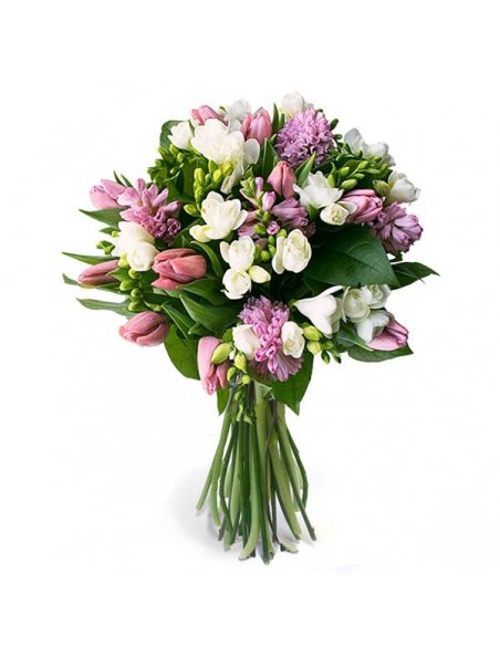 Buchet lalele roz frezii albe si zambile roz