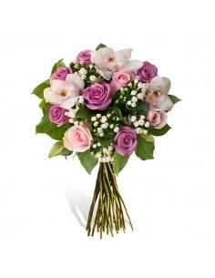 Buchet cu trandafiri lila si roz bouvardia alba si orhidee