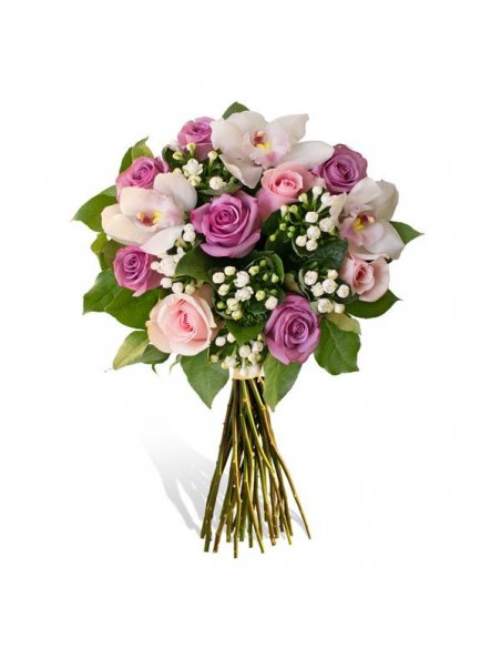 Buchet cu trandafiri lila si roz bouvardia alba si orhidee