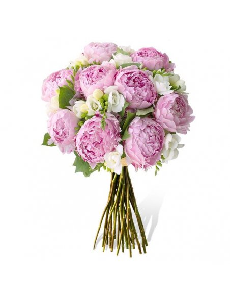 Buchet cu bujori roz si frezii albe
