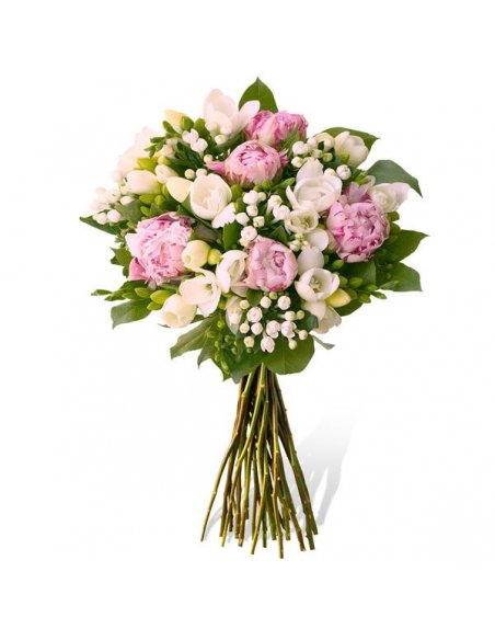 Buchet cu bujori roz bouvardia alba si frezii