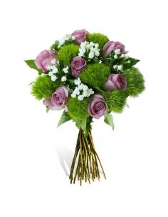 Buchet cu trandafiri lila bouvardia si green trick