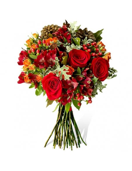 Buchet cu trandafiri rosii miniroze si conuri de brad