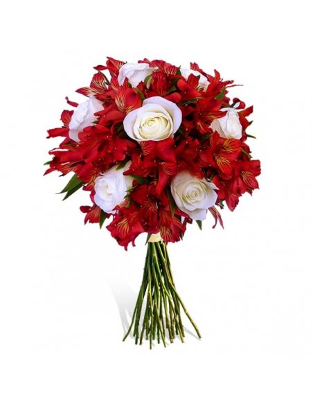 Buchet crin peruvian rosu si trandafiri albi