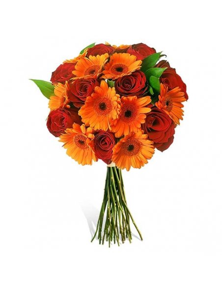 Buchet gerbera portocalii si trandafiri rosii