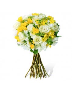Buchet trandafiri albi si frezii albe si galbene