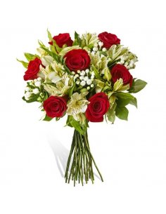 buchet cu trandafiri rosii bouvardia si crin peruvian alb