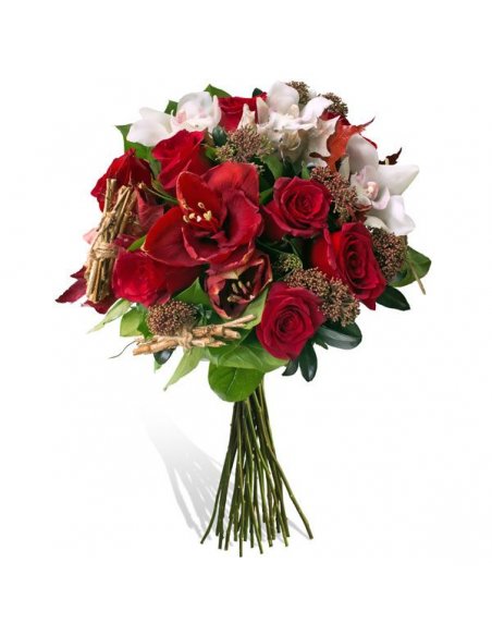 Buchet de sarbatoare cu amaryllis si trandafiri albi