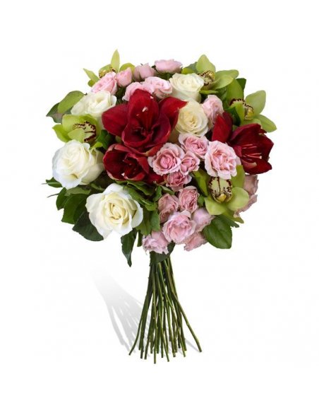 Buchet cu trandafiri albi, amaryllis miniroze si orhidee imperiale