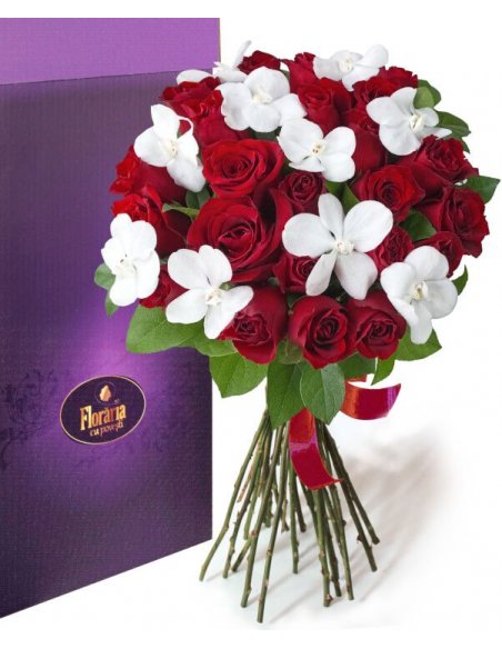 Buchet trandafiri rosii si orhidee vanda alba - Colectia de Lux