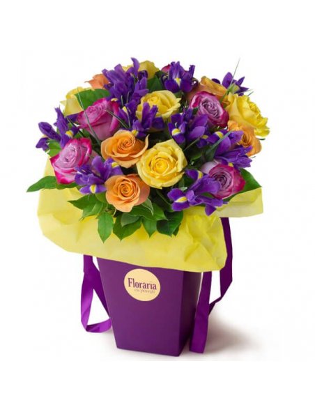 trandafiri asortati si irisi mov