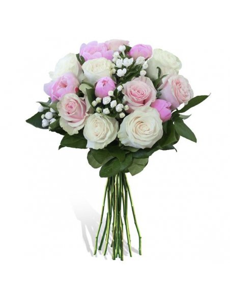 Buchet cu bujori roz bouvardia alba si frezii