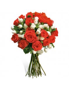 Buchet cu trandafiri roz magenta, miniroze si frezii albe