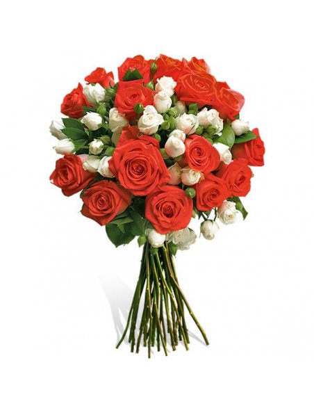 Buchet cu trandafiri roz magenta, miniroze si frezii albe