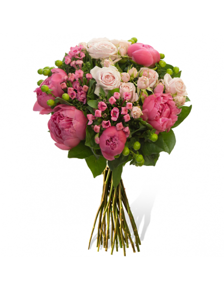 Buchet cu bujori roz bouvardia alba si frezii