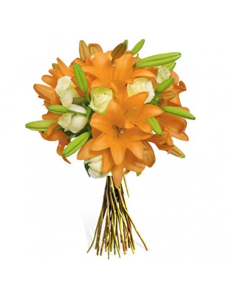 Buchet cu crini portocalii si trandafiri albi