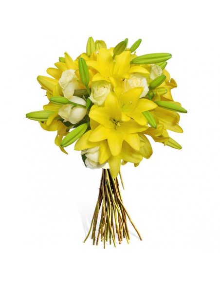 Buchet crini galbeni si trandafiri albi