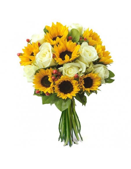 Buchet floarea soarelui si trandafiri albi