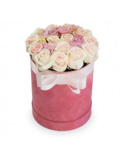 Cutie cu trandafiri, hortensie si orhidee vanda