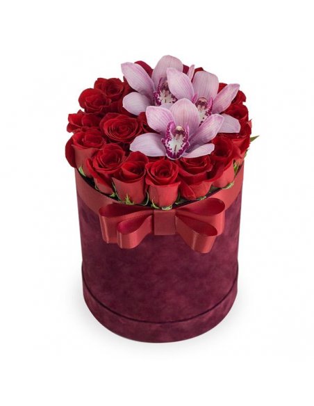 Cutie cu trandafiri, hortensie si orhidee vanda