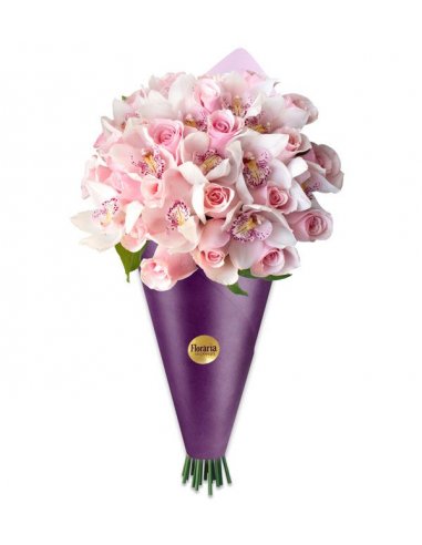 Colectia de Lux - Buchet trandafiri roz si orhidee albe