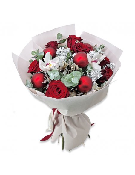Buchet de sarbatoare cu trandafiri rosii si orhidee