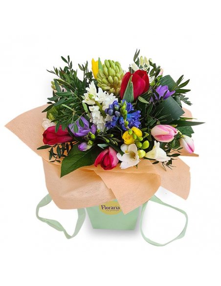 Cutie cu lalele zambile si frezii asortate