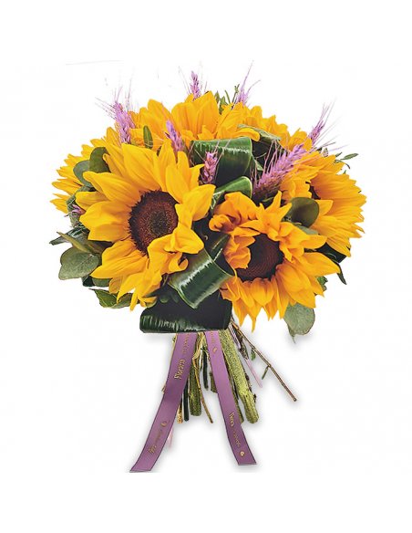 Buchet floarea soarelui si spice mov de grau