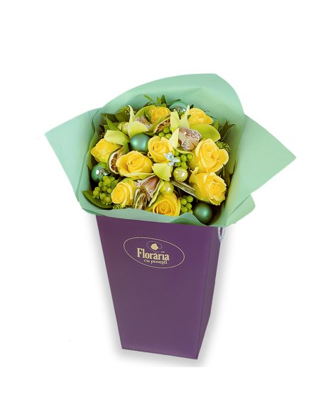 Buchet de iarna cu trandafiri galbeni si orhidee imperiale