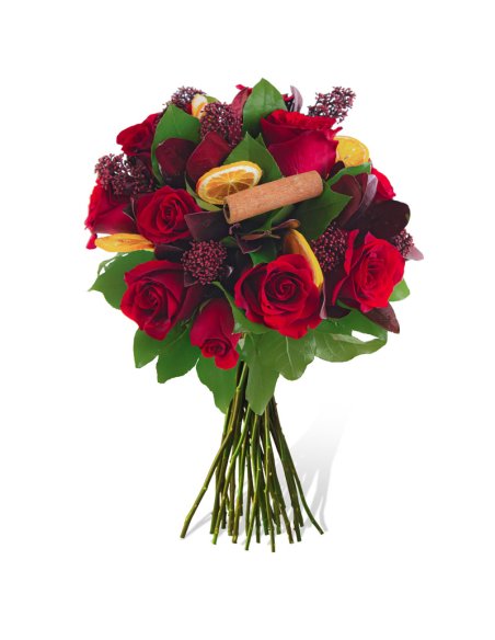 Buchet de sarbatoare cu trandafiri rosii si skimmia