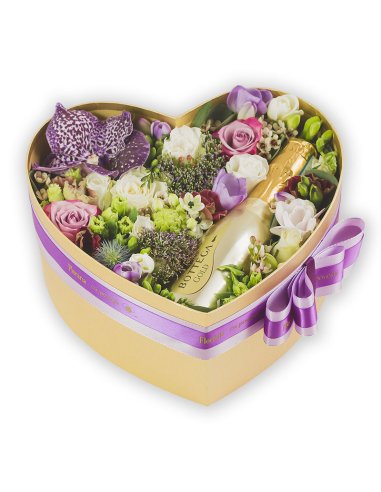 Cutie inima cu trandafiri mov si mini Bottega Gold