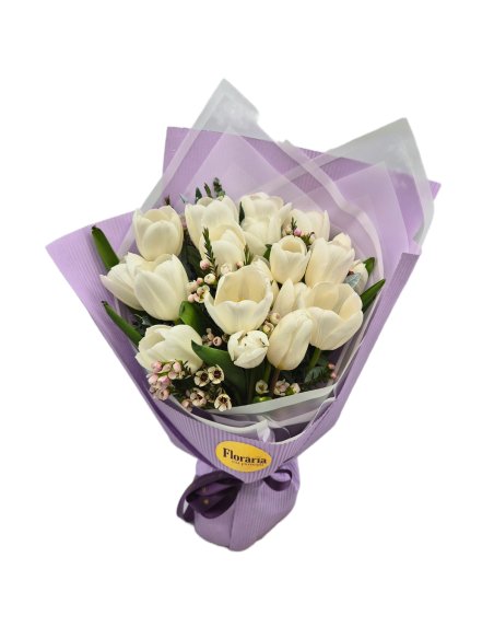 Buchet 25 lalele albe si waxflower