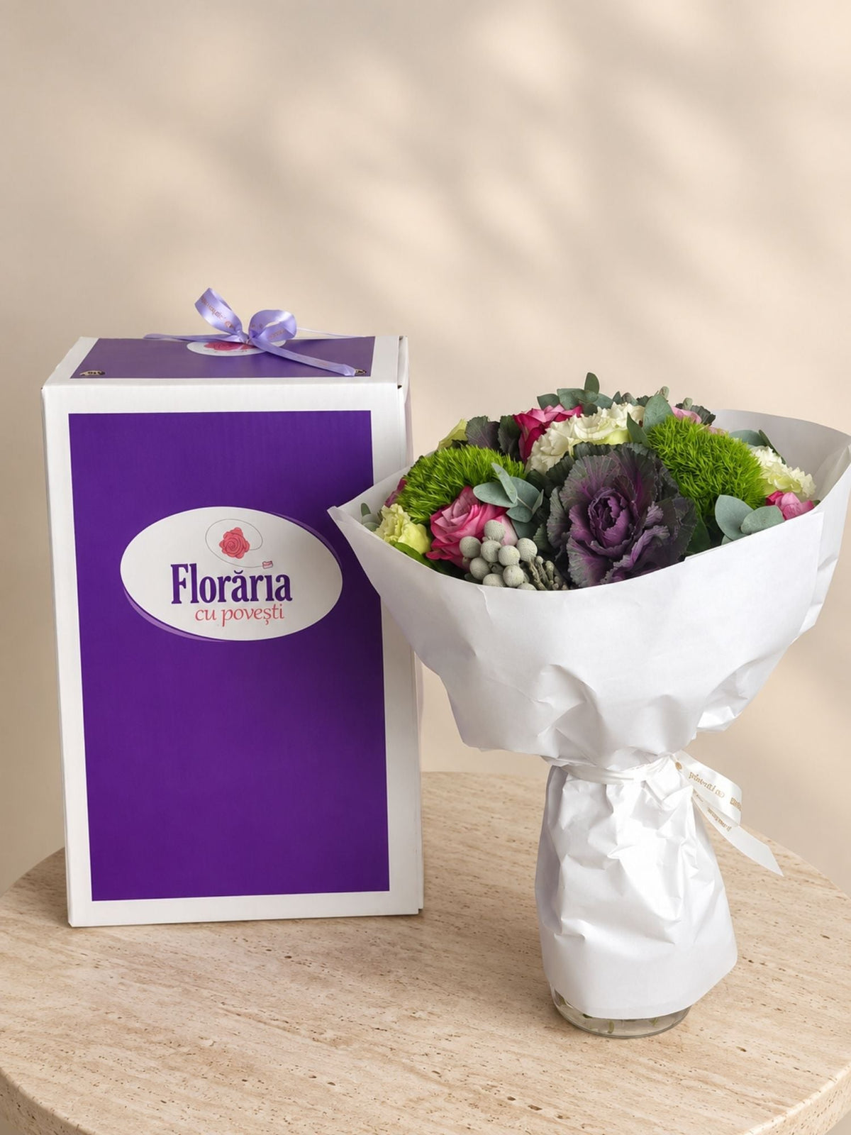 Buchet cu Trandafiri Mov, Brassica si Brunia - Floraria cu Povesti