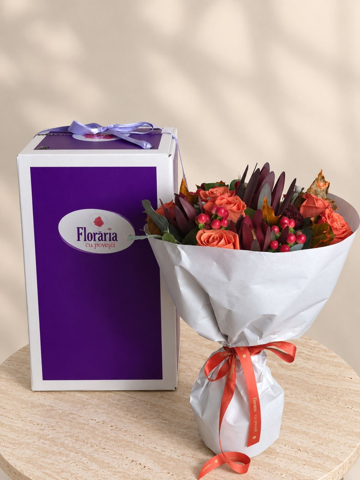 Buchet cu Trandafiri Portocalii si Miniconifere - Floraria cu Povesti